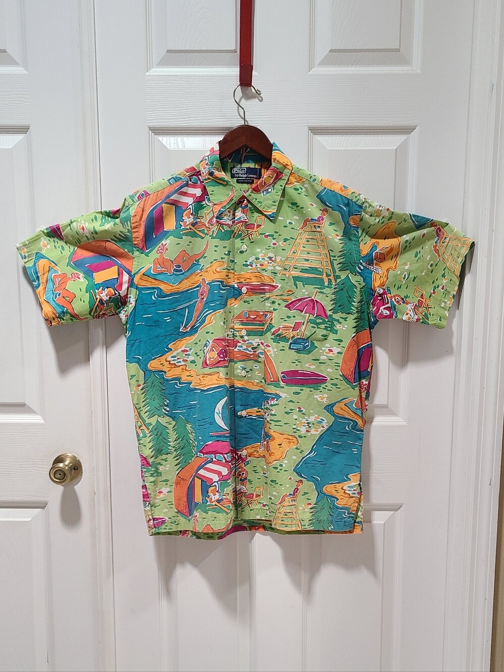Vintage Polo Ralph Lauren Beach Scene Camp Shirt Green Cotton Aloha